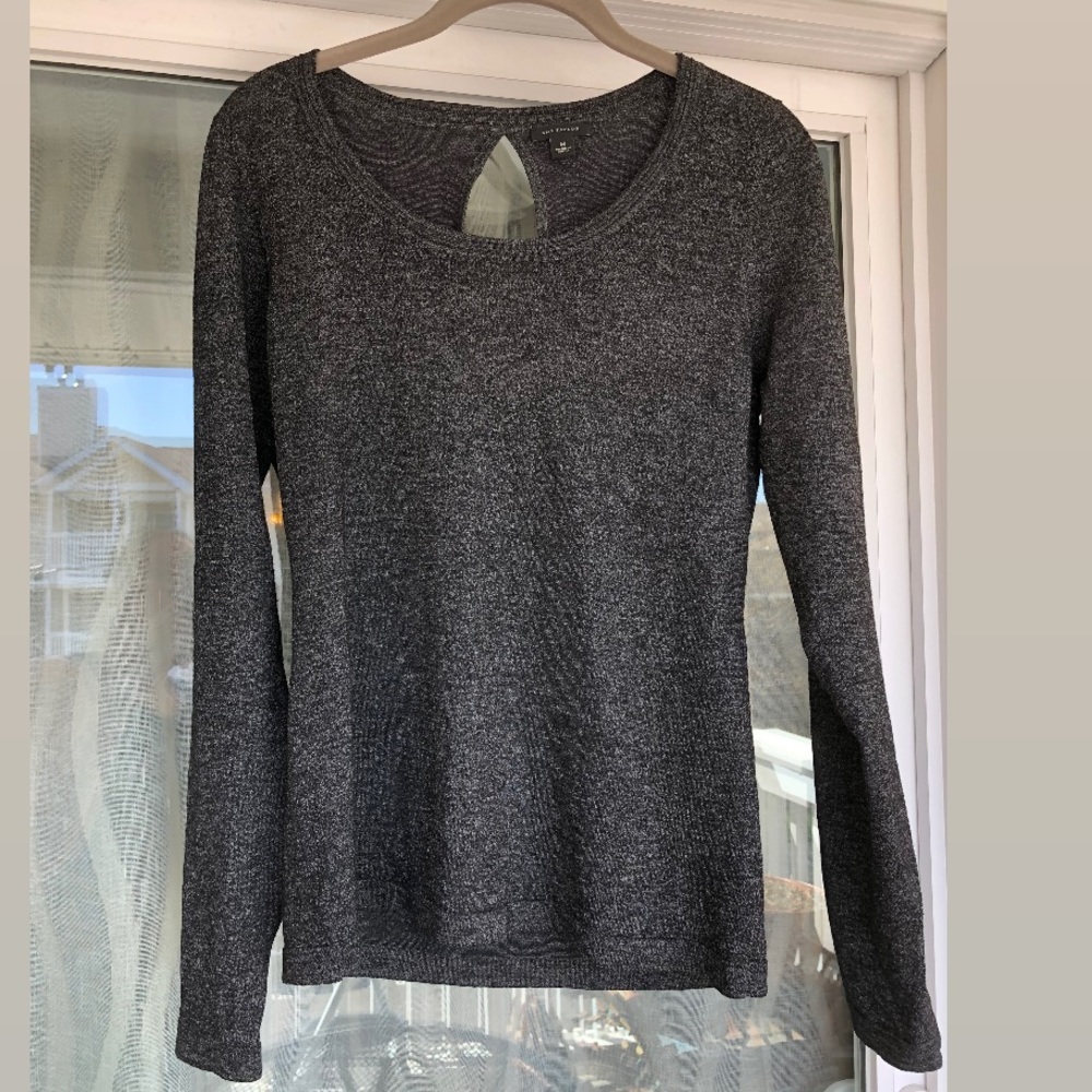 Ann Taylor Black Shimmer Back Keyhole Long Sleeve Knit Top
